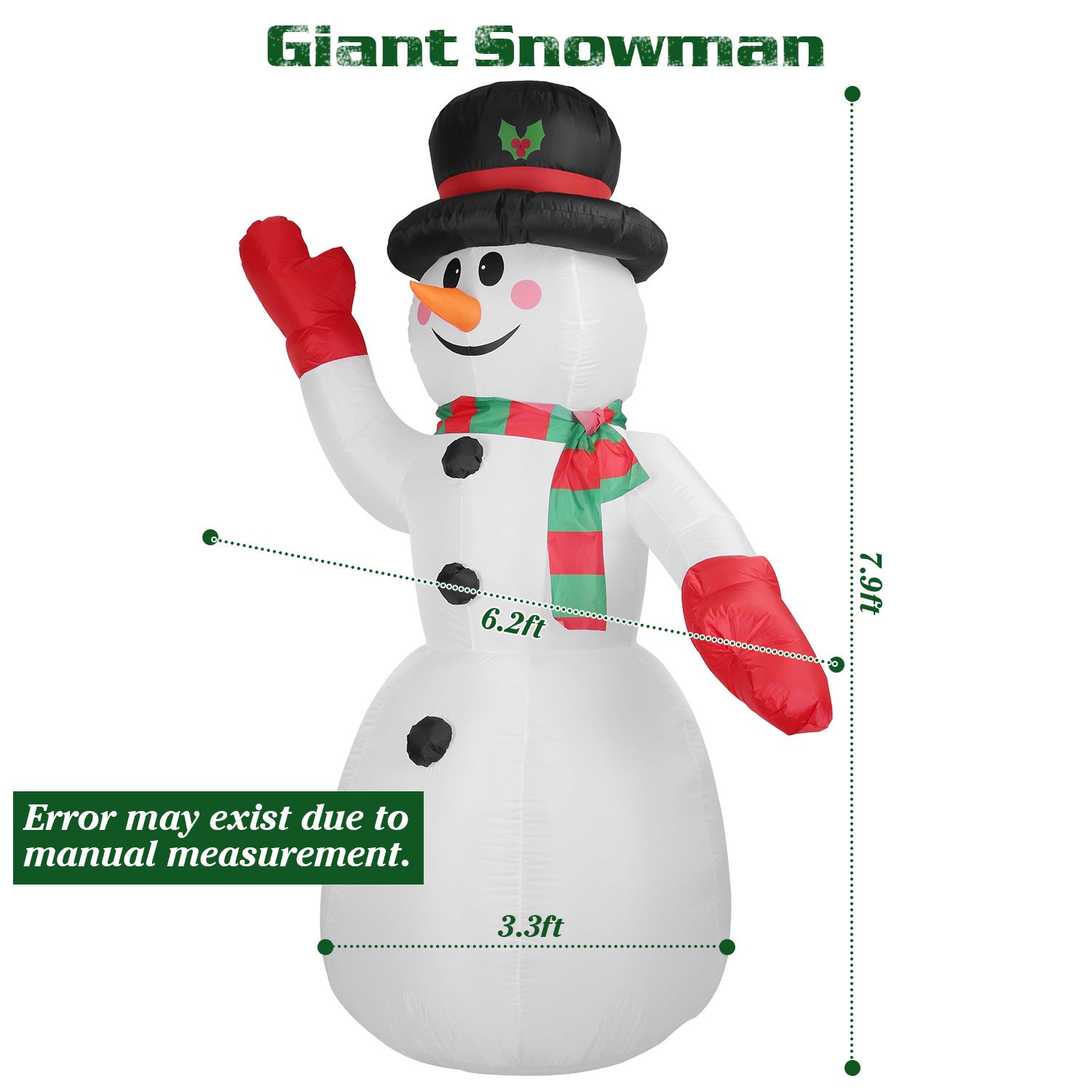 7.9FT Christmas Inflatable Giant Snowman Blow up Light up Snowman adorned with LED lights.