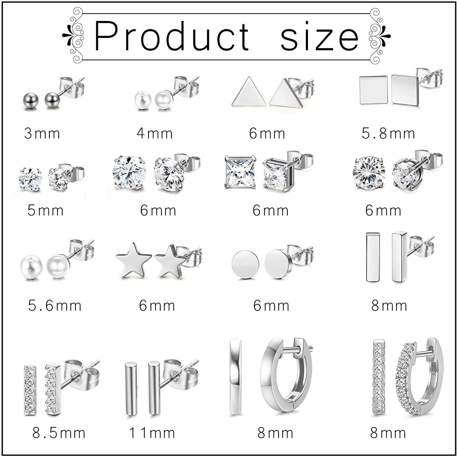 16Pairs Surgical Steel Small Stud Earrings Set for Women Men Star Triangle Moon Heart Bar Square Round Disc Ball Crystal CZ Tiny Stainless Steel Geometric Stud Earrings