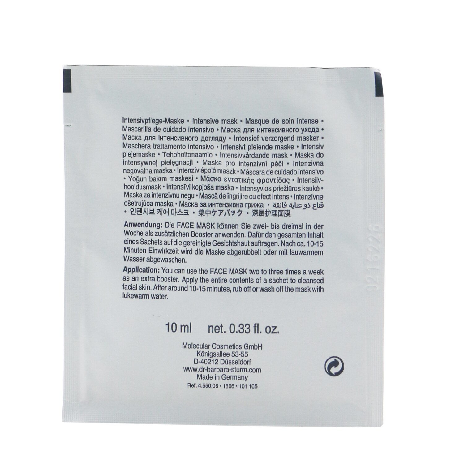 A package of DR. BARBARA STURM - Face Mask Sachet Box 33529/455006 7x10ml/0.33oz labeled "molecular cosmetics" on a white background.