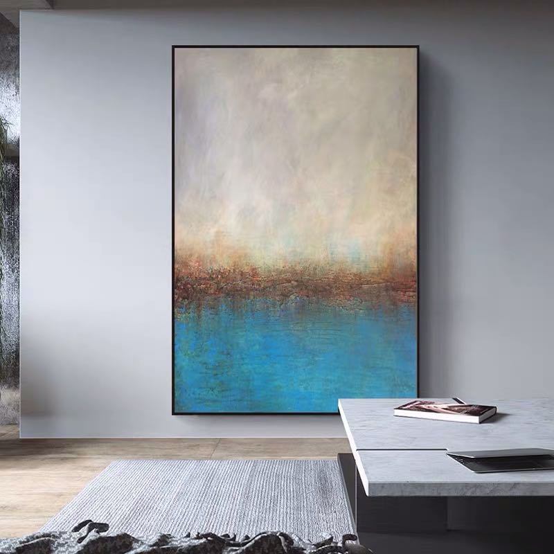 100% Hand Painted Abstract Oil Painting Wall Art Bright Color Style Picture Modern On Canvas Decor, mounted on a gray wall above a marble table in a modern room.