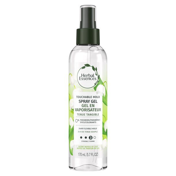 A bottle of Herbal Essences Touchable Hold Hair Spray Gel for Curly Hair with green accents on the label, displaying plant imagery.