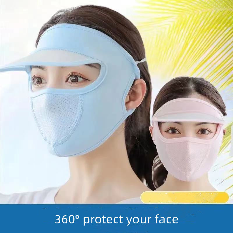 A woman wearing a Women Thin Breathable Ice Silk Sunscreen Long Neck Full Face Mask Summer UV Protection Beach Beauty Sun Hat.