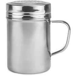 Metal Dredge Shaker with Stainless Steel Top with a screw-top lid and a handle, isolated on a white background.