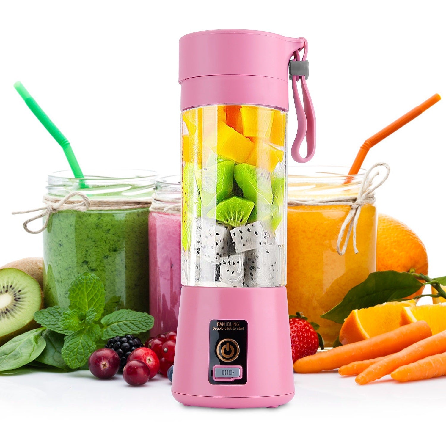 A Portable Juicer Blender USB Rechargeable Juicer Cup Fruit Baby Food Mixing Machine with 6 Blades Powerful Motor with fruit in it and 304 stainless steel blades.