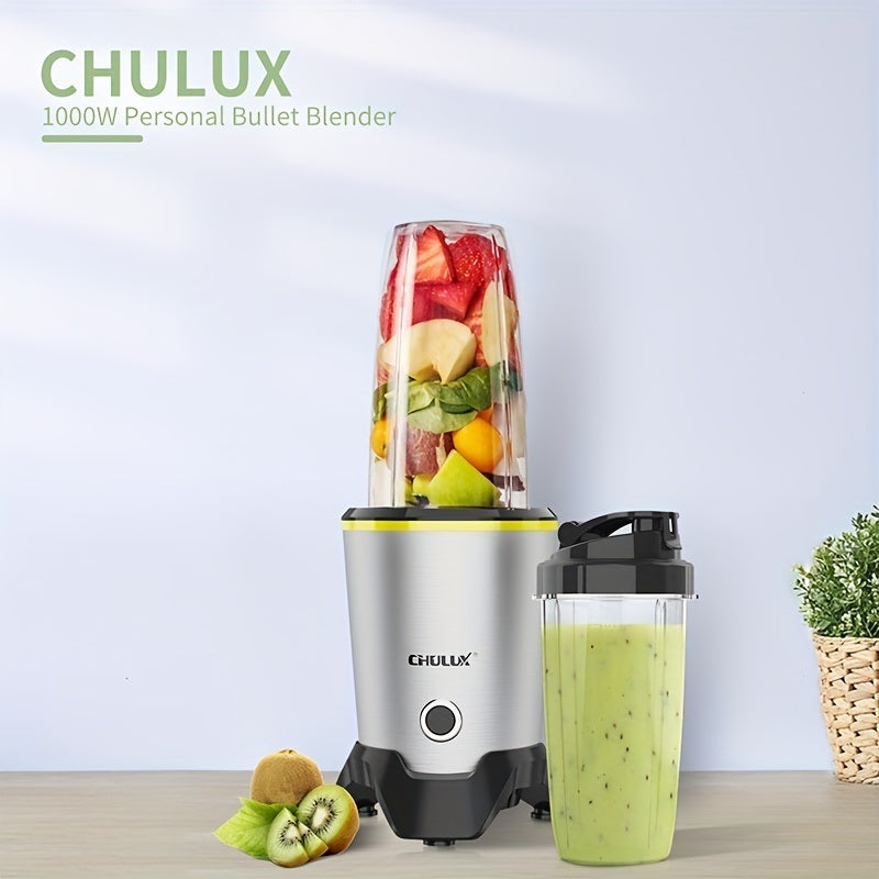 A CHULUX 1000W Bullet Blender for Shakes and Smoothies that offers high speed blending with one step operation, perfect for a variety of fruits and vegetables.