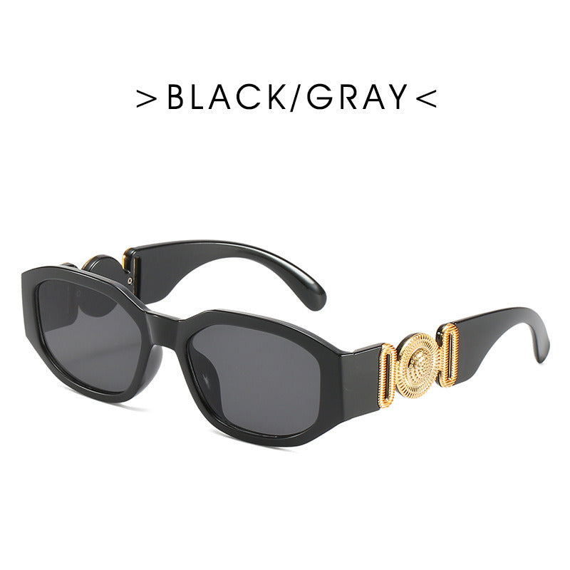 Fashion Small Square Sunglasses Women Retro Shades UV400 Black Brown Ocean Gradient Lens Men Club Sun Glasses with thick frames and UV blocking gray lenses, featuring a decorative golden coil on the temples, against a white background.