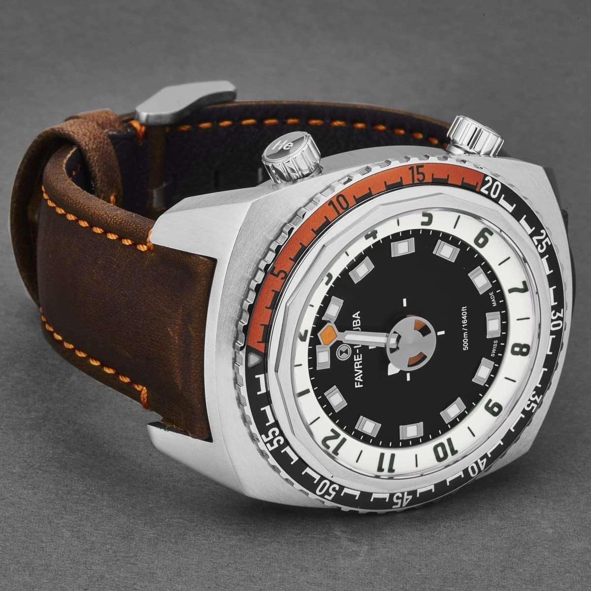 An Favre-Leuba Men's 00.10101.08.13.44 'Raider Harpoon' Black White Dial Brown Leather Strap Automatic Watch, with a black and orange color scheme set against a white background