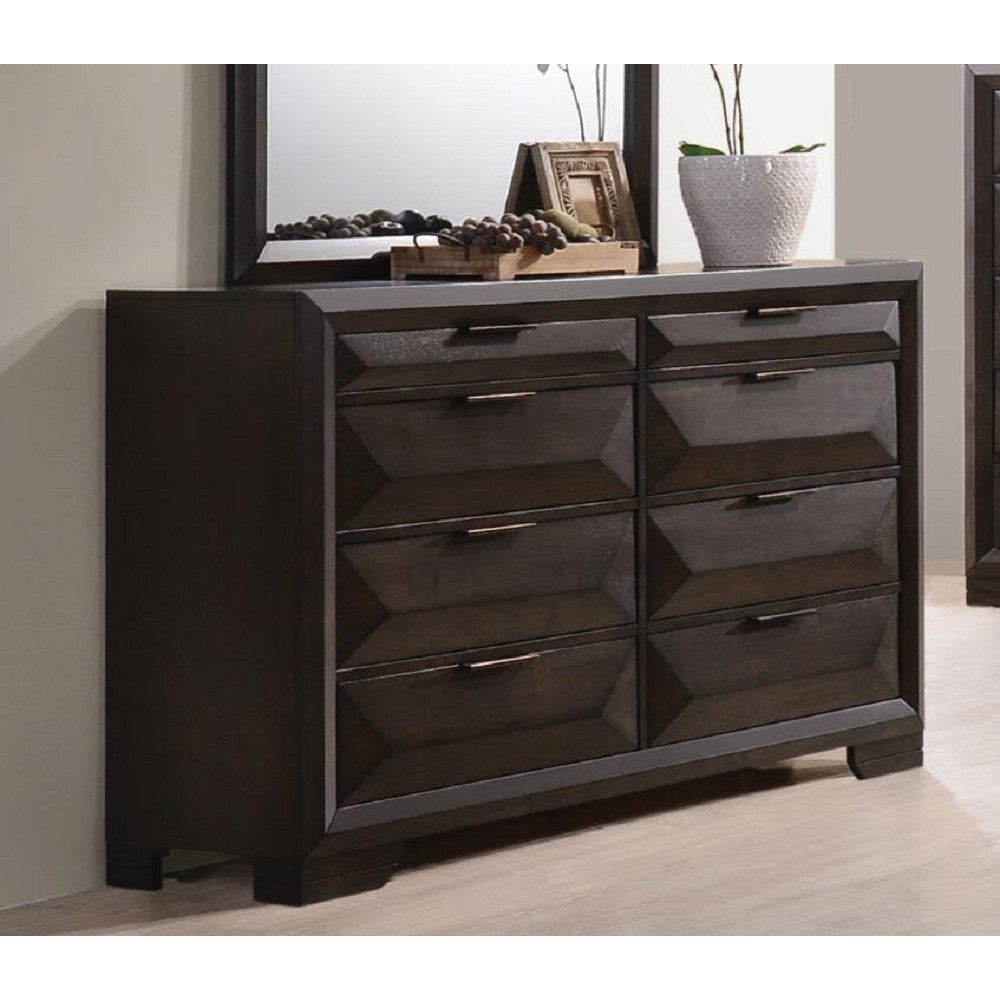 A Merveille Dresser in Espresso YJ with drawers and mirror.