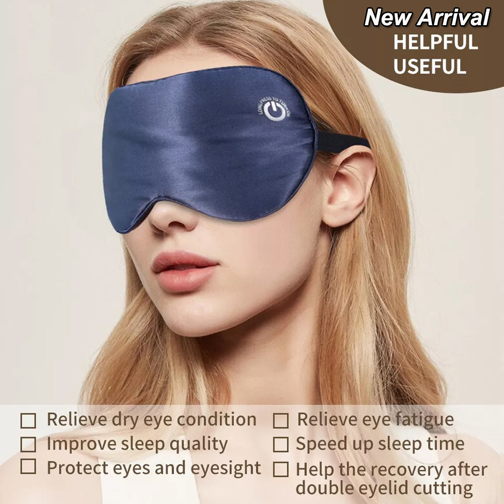 A black New Cordless Heated Eye Mask for Dry Eyes USB Rechargeable Warming Therapy Graphene Heating Reusable Real Silk Sleep Eye Mask with a gold box for relief dry eyes and eye fatigue.