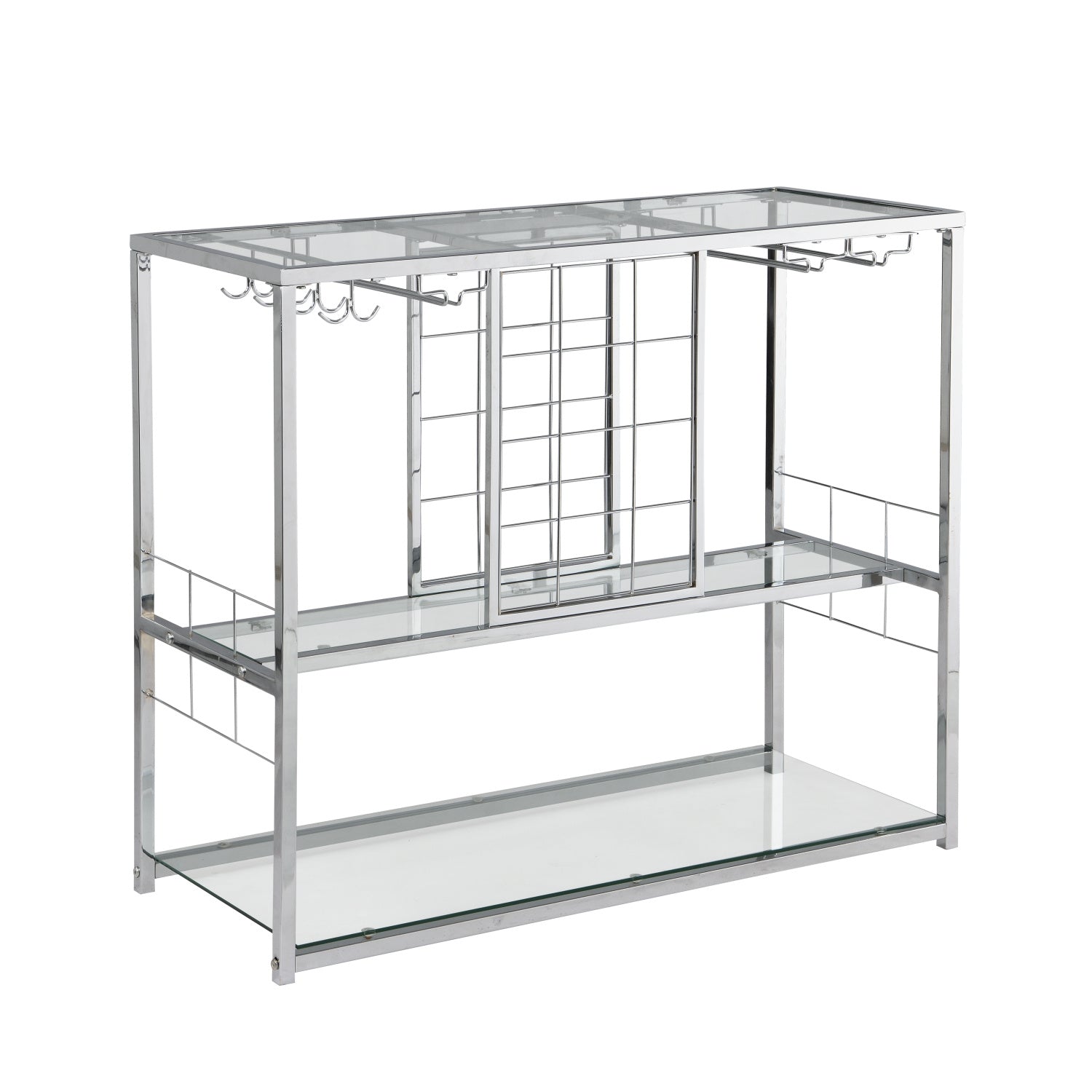 A sleek and contemporary Bar Serving Cart with Glass Holder and Wine Rack, 3-Tier Kitchen Trolley in a living room, featuring tempered glass for added durability and a stylish chrome-finished metal frame for easy access and storage.