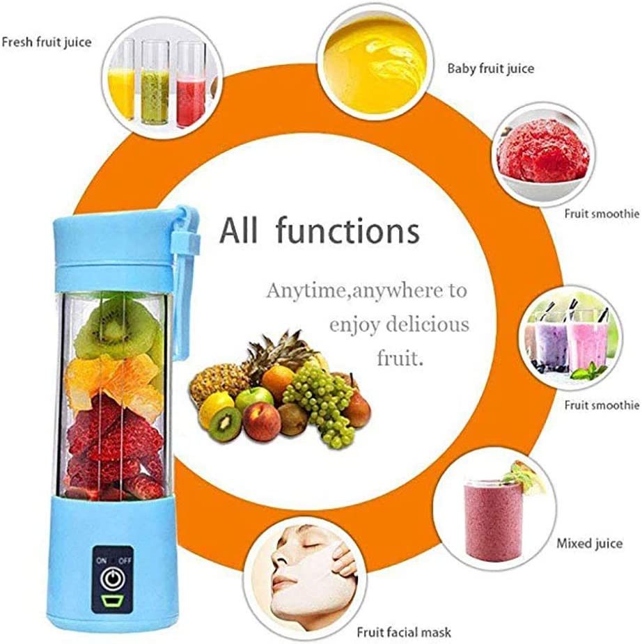 Four Portable 6 Blenders with fruit in them.