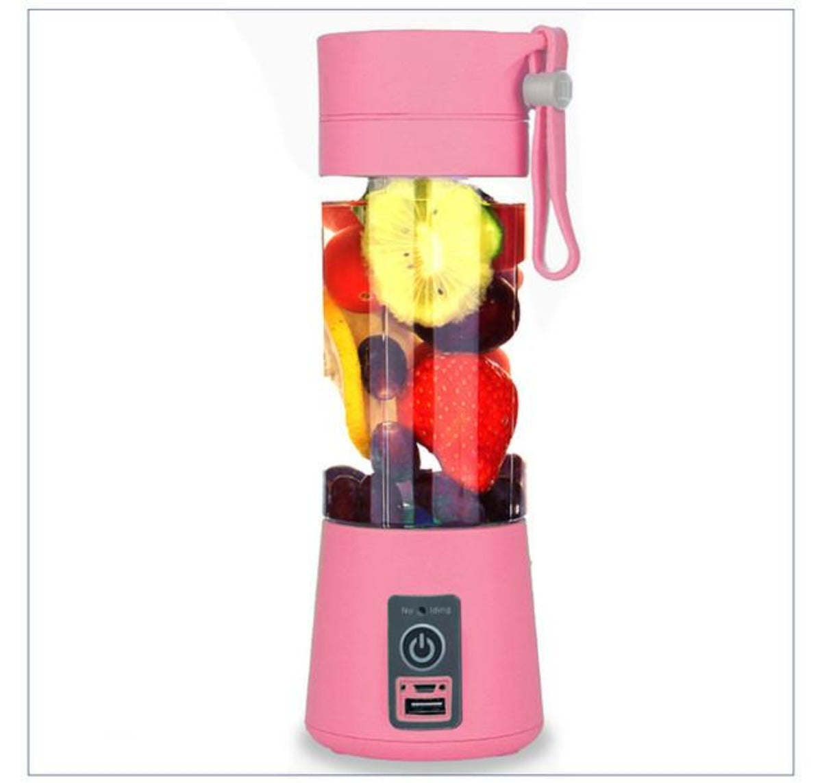 A Portable USB Electric Fruit Juice Blender Deluxe Version with 6 Blades with fruit in it.