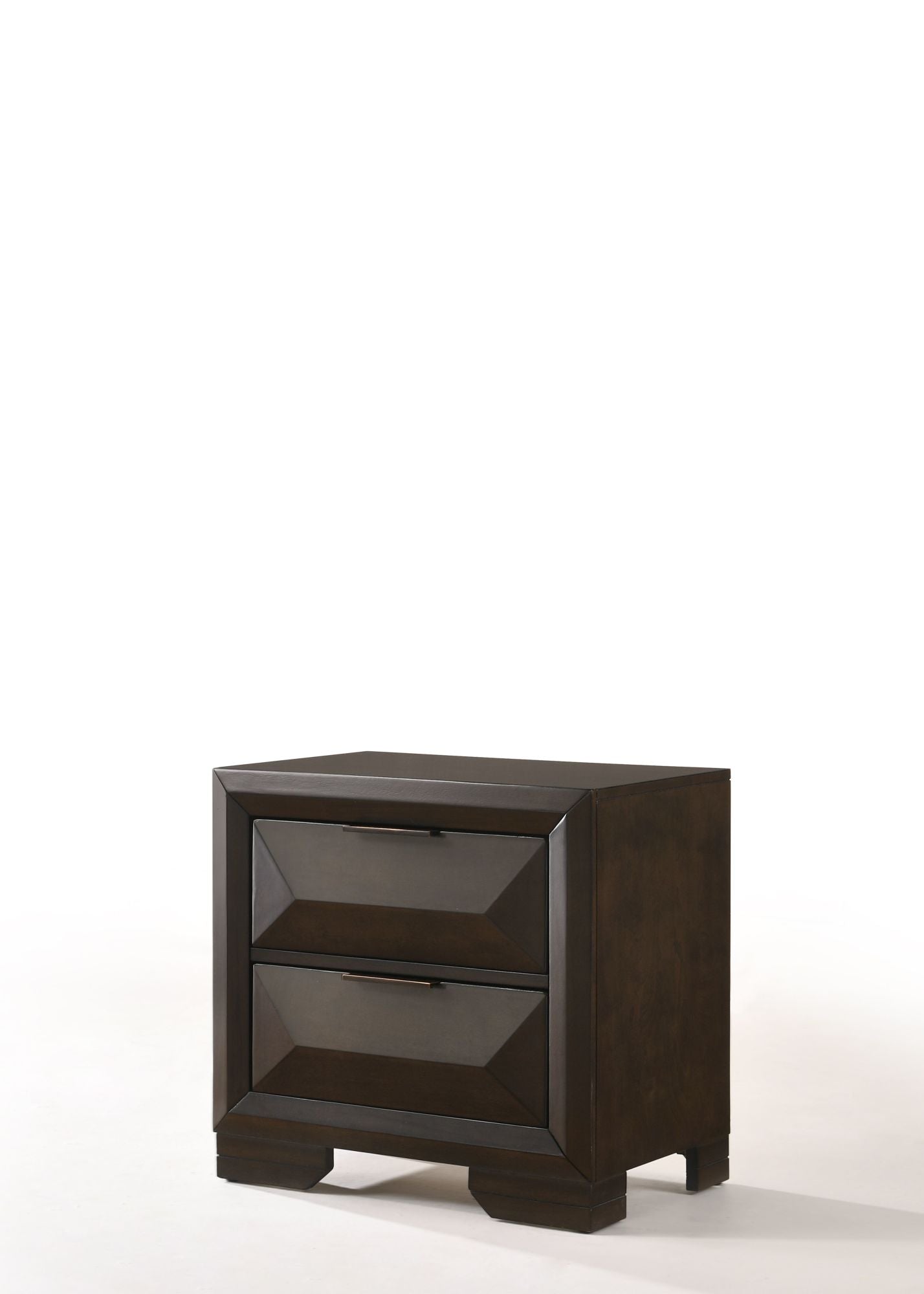 A Merveille Nightstand in Espresso YJ with two drawers and a lamp.