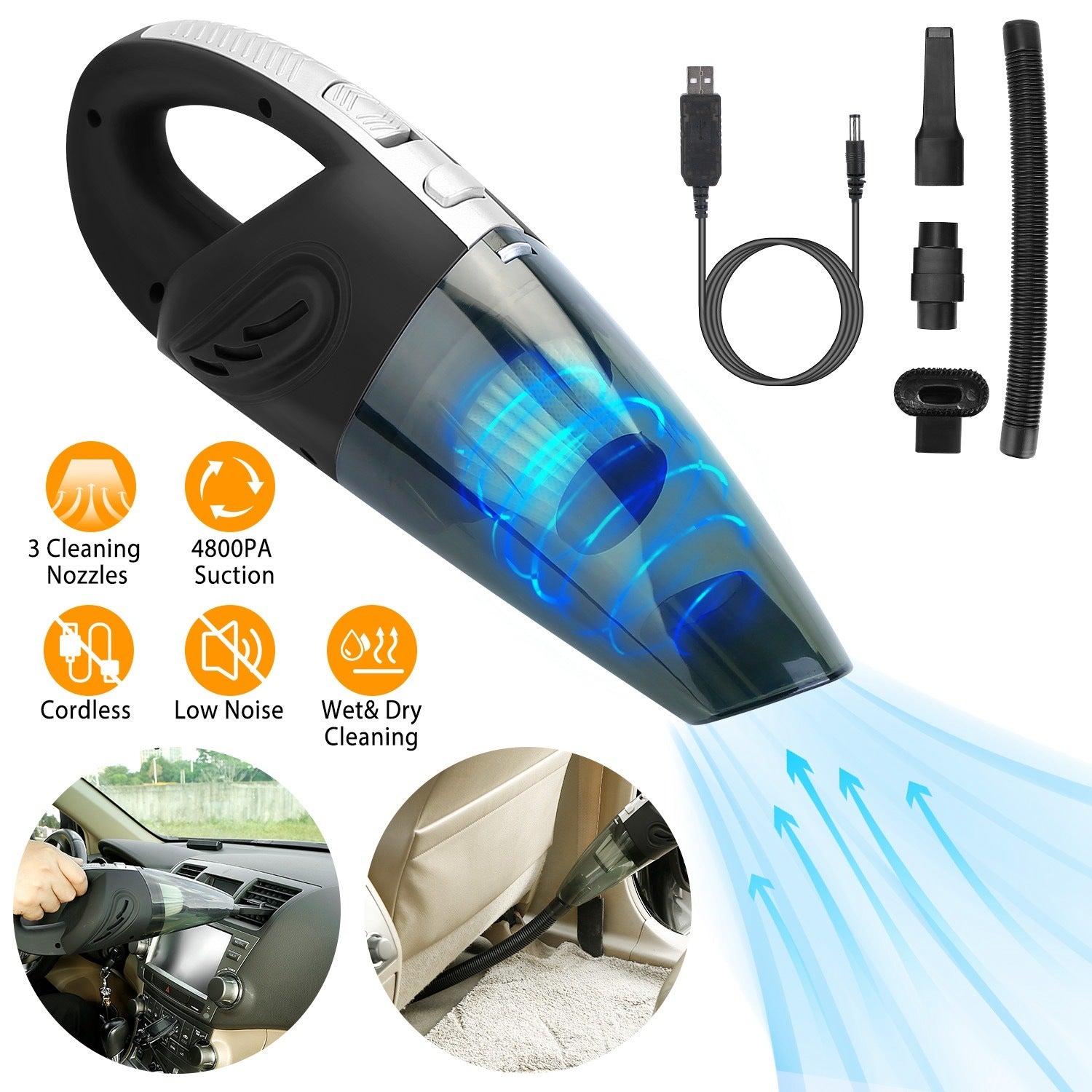 This Car Handheld Vacuum Cleaner Cordless Rechargeable Hand Vacuum Portable Strong Suction Vacuum combines a powerful motor and cyclonic suction for optimal cleaning, while offering the added benefits of a HEPA filter and a distinctive blue light.