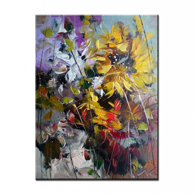 The Unframed Handmade Texture Knife Flower Tree Abstract Modern Wall Art Oil Painting Canvas is an exquisite piece for room decoration, portraying sunflowers and foliage in vibrant colors such as yellow, red, green, and purple. This hand-painted artwork is perfect for home wall decor and adds a touch of abstract modernity to any space.