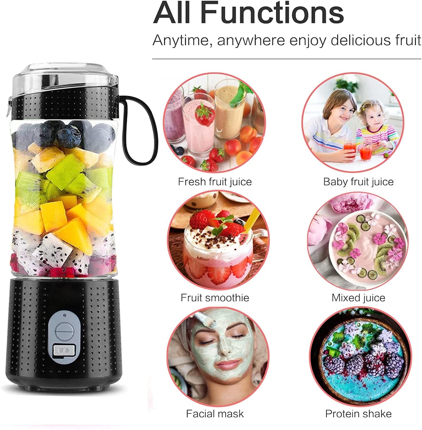 A Portable Electric Juicer Cup Fruit Blender Maker Bottle Mixer USB Rechargeable filled with fruits and vegetables.