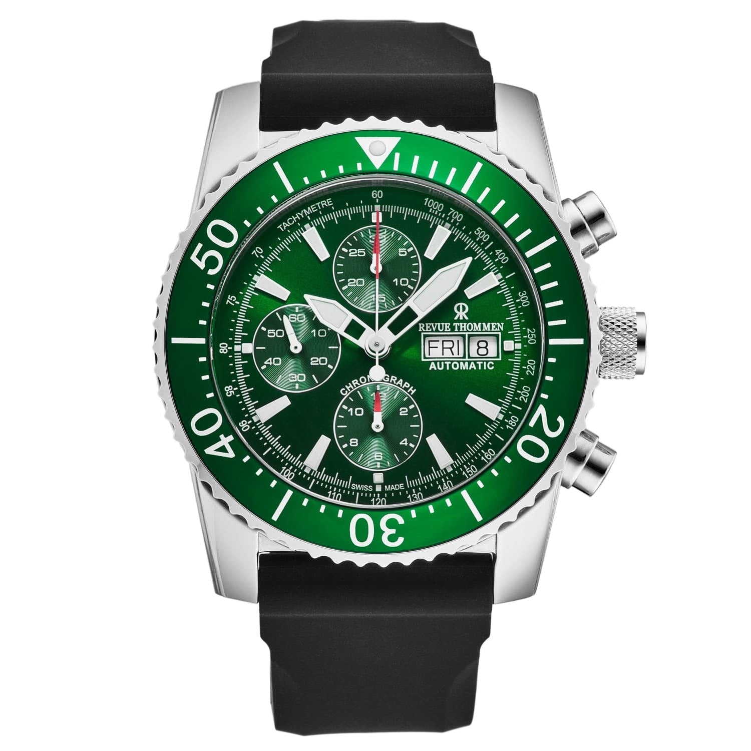 A Revue Thommen Men's 17030.6532 'Divers' Green Dial Day-Date Chronograph Rubber Strap Automatic Watch with green dials on a white background.