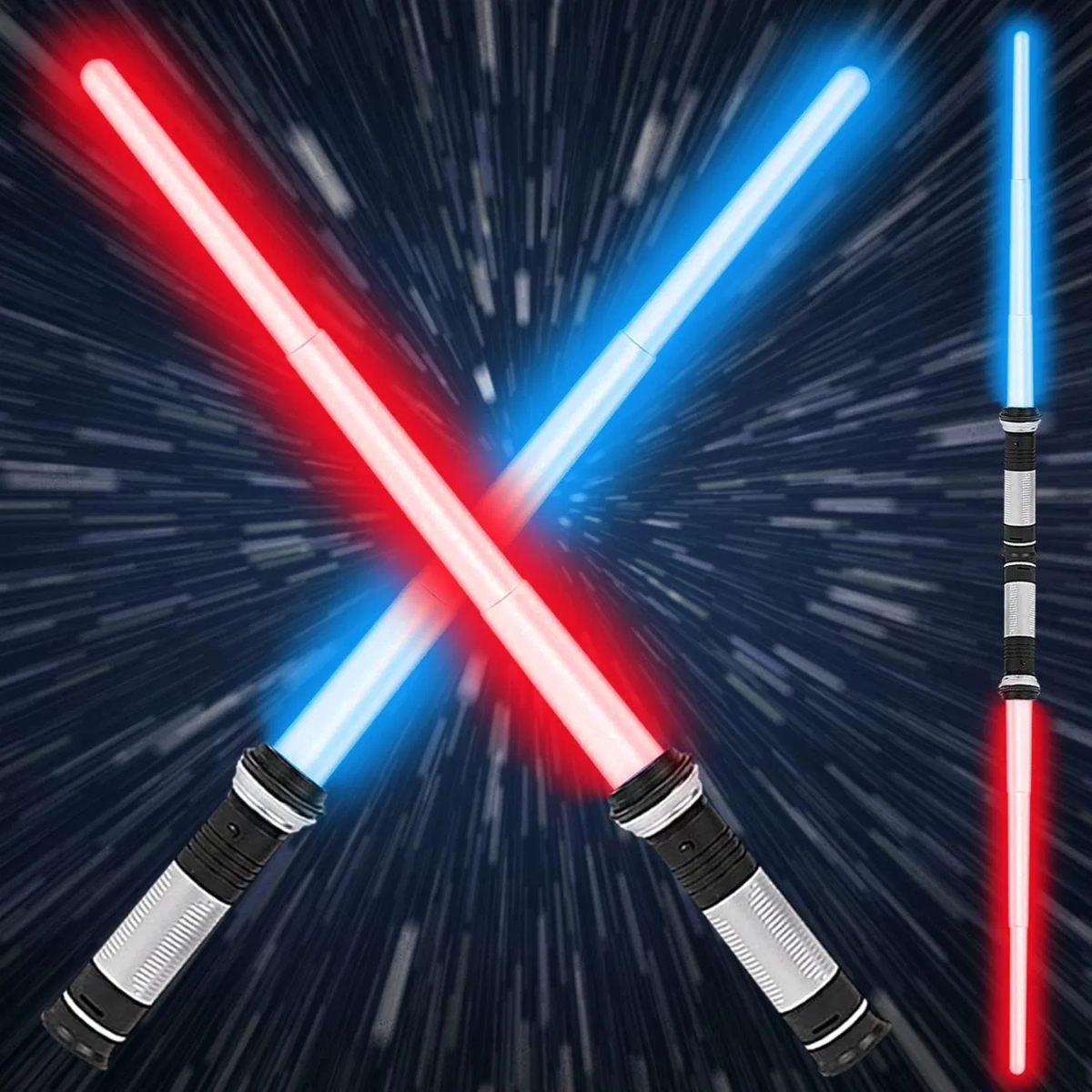 Two LED Light Up Sabers with Sound - Retractable 7 Colors Light Saber Sword for Kids - 2 Pack, including Darth Maul's lightsaber, against a dark background.