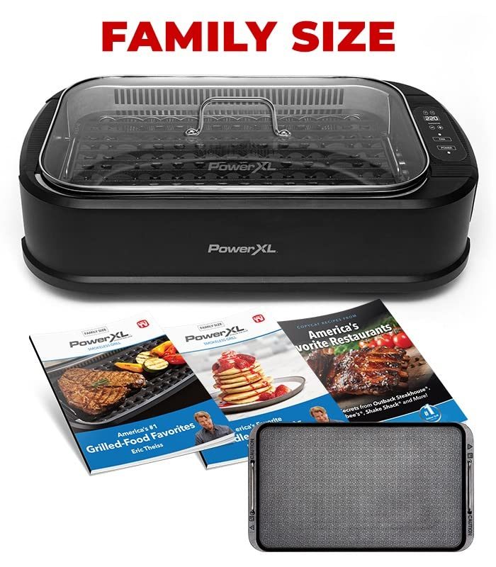 PowerXL Smokeless Grill Family Size- with Tempered Glass Lid with Interchangeable Grill and Griddle Plate and Turbo Speed Smoke Extractor Technology 22.1' X13.2' X 6.1