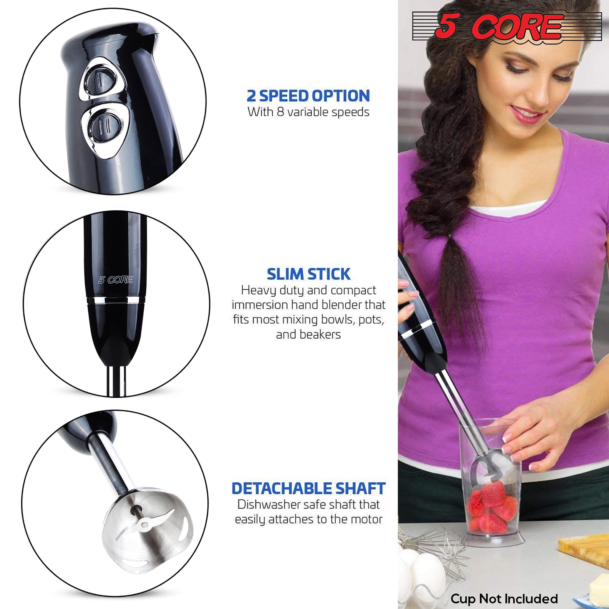 A Hand Blender Immersion Blender Handheld Stick Batidora Electric Blenders Emersion Hand Mixer For Kitchen 5 Core HB 1510 BLK surrounded by fruit, featuring stainless steel blades.