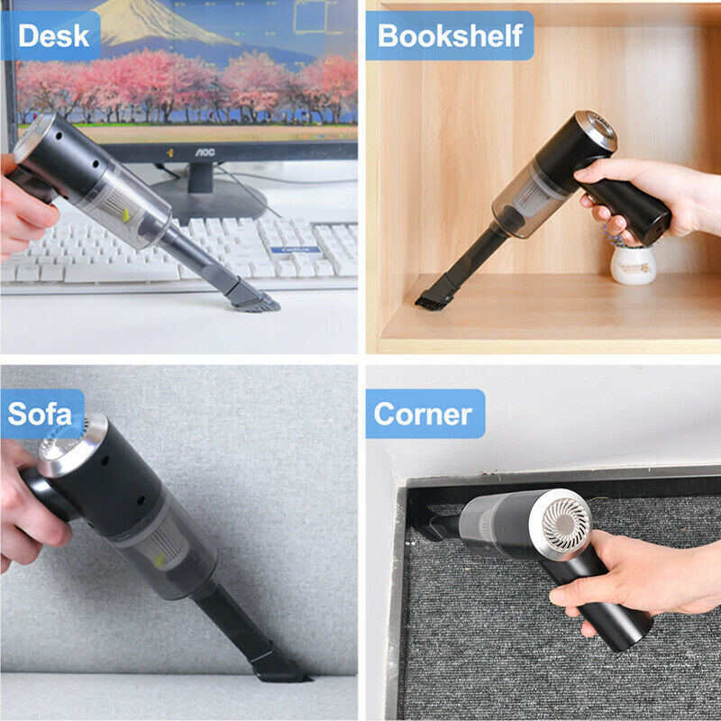 A person is using the Portable Car Vacuum Cleaner, Handheld Vacuum High Power Cordless, Hand Vacuum Rechargeable Easy To Clean Car Interior, Desktop, Sofa, Keyboard, Drawer And Crevices, Small Spaces to clean up any spots in the car.