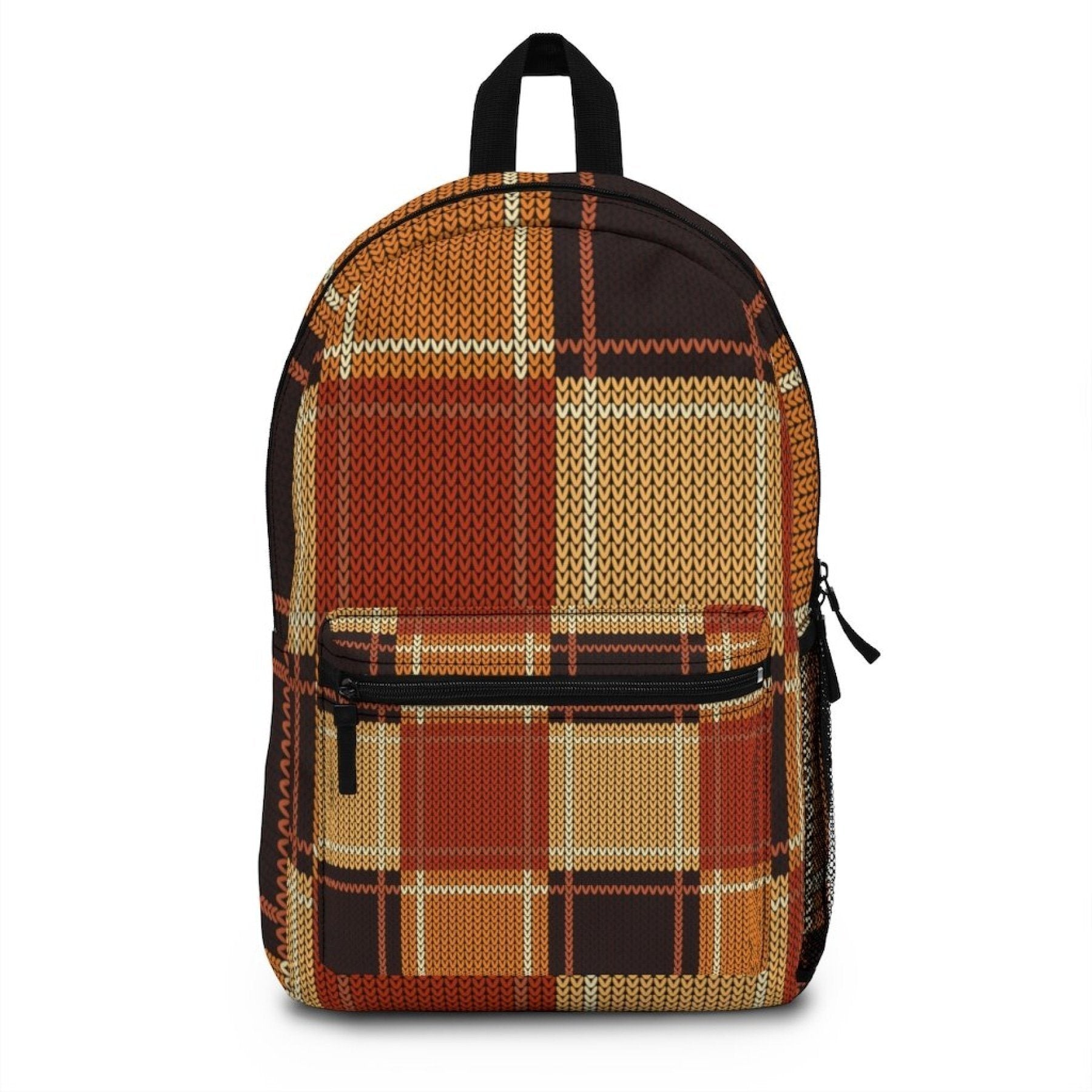A durable and lightweight Backpack Bag with an orange, brown and black plaid pattern.