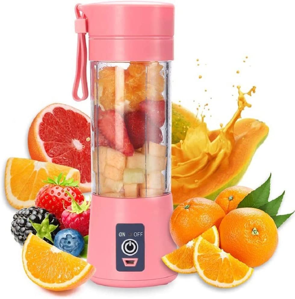 Four Portable 6 Blenders with fruit in them.