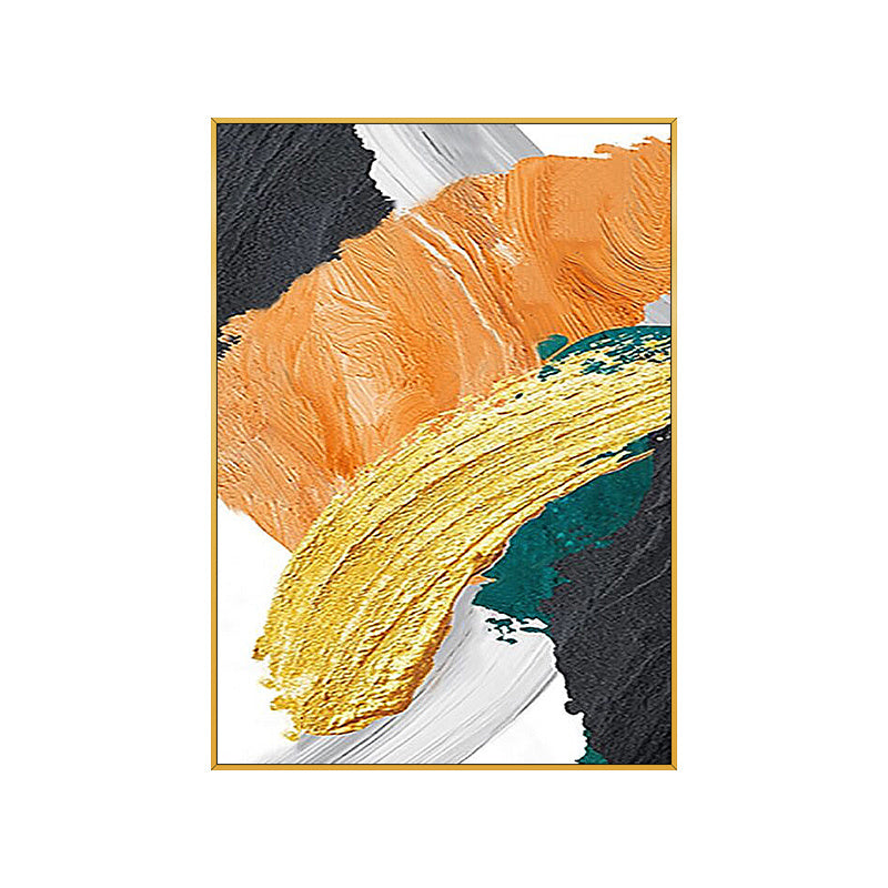 Abstract 3D Gold Thick Art Handmade Oil Painting Canvas Gold Paintings Wall Pictures Art for Dining Room Decoration with broad brushstrokes in orange, gold, and teal on a white background, framed in gold.