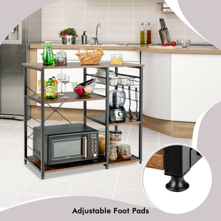 A compact and versatile Home Kitchen Baker's Rack Microwave And Food Industrial Shelf featuring adjustable foot pads for added stability.