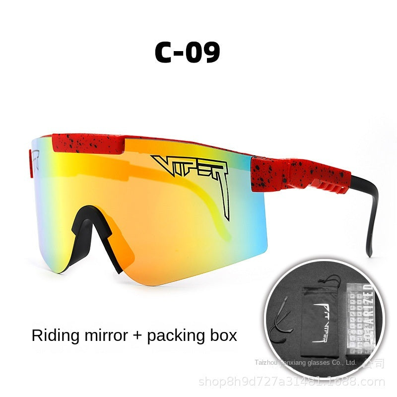 A pair of Pits Viper Riding Glasses Outdoor Sports Sunglasses for men, featuring "VIPER" branding on the lens and frame, with a red and white pattern on the arms. Designed for outdoor sports, they offer UV400 protection and come labeled "C-21," including a riding mirror and packing box.