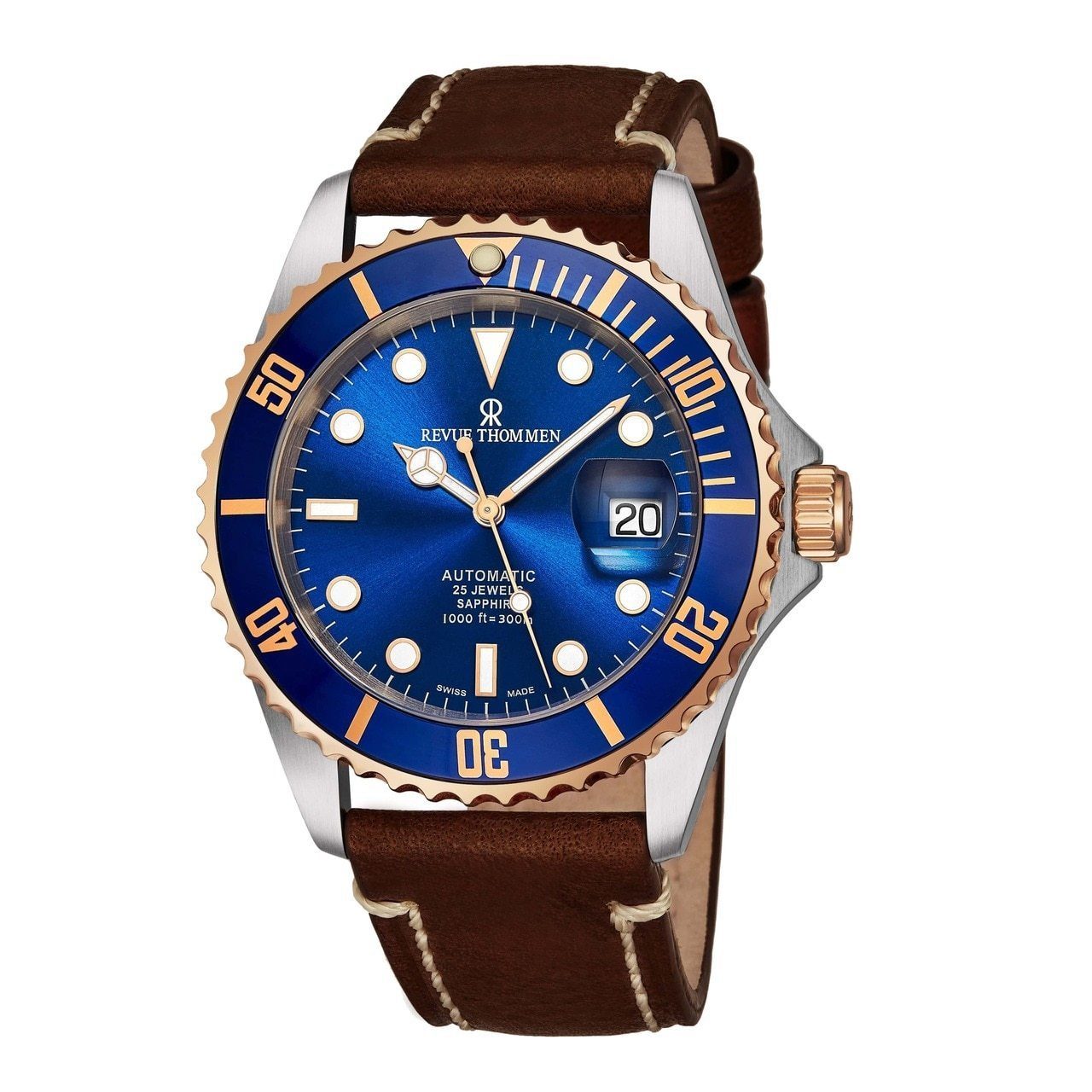 A Revue Thommen 17571.2555 Diver XL Blue Dial Brown Leather Men's Automatic Watch with brown leather strap.