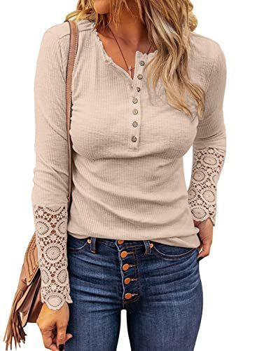 A person is wearing the Womens Ribbed Knit Henley Long Sleeves Tunic Lace Top with a V neck and button detail, paired with blue jeans—perfect for 2022 Fashion Fall Clothes. The person is carrying a brown bag with a tassel strap over their shoulder, embodying the VICHYIE Womens Fashion vibe.