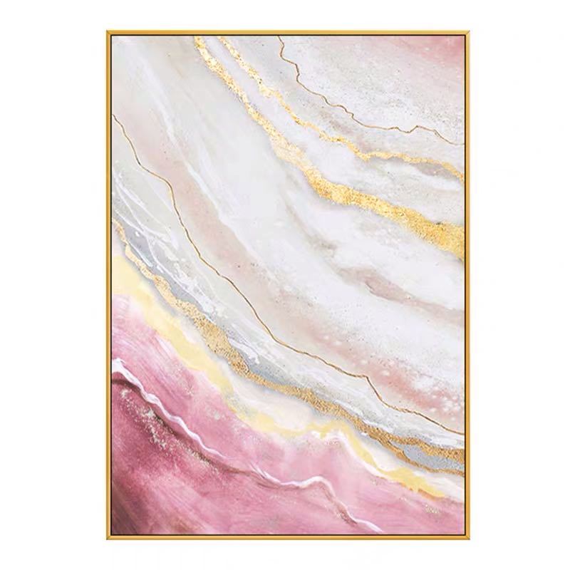 Hand Painted Gold Foil Abstract Oil Painting Wall Art Modern Minimalist Pink Marble Picture Canvas Home Decor For Living Room No Frame with swirling pink, white, and gold patterns.