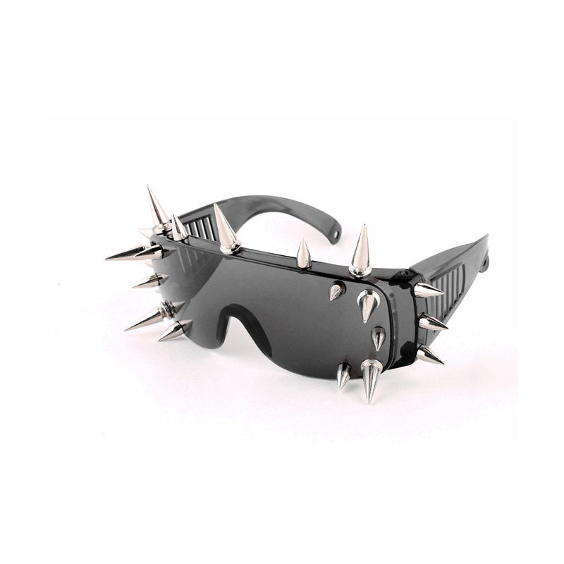 A pair of black Fashion Windproof Sunglasses Women New Oversized Mirror Men Shades Glasses Luxury Brand Metal Rivet Futuristic Female Eyewear NX with numerous silver spikes on the frames and arms, featuring UV400 protection, placed against a white background.