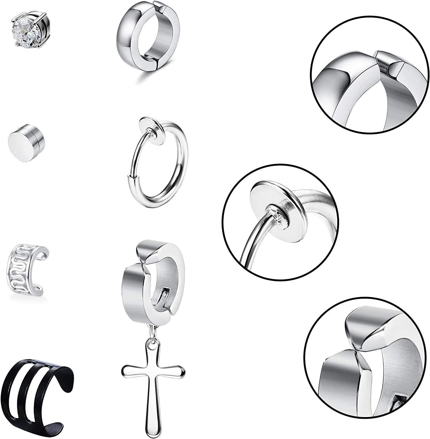 11 Pairs Non Pierced Hoop Earrings for Men Women Stainless Magnetic CZ Stud Earrings Fake Piercings Clip on Earring Non Piercing Cross Dangle Earrings Set