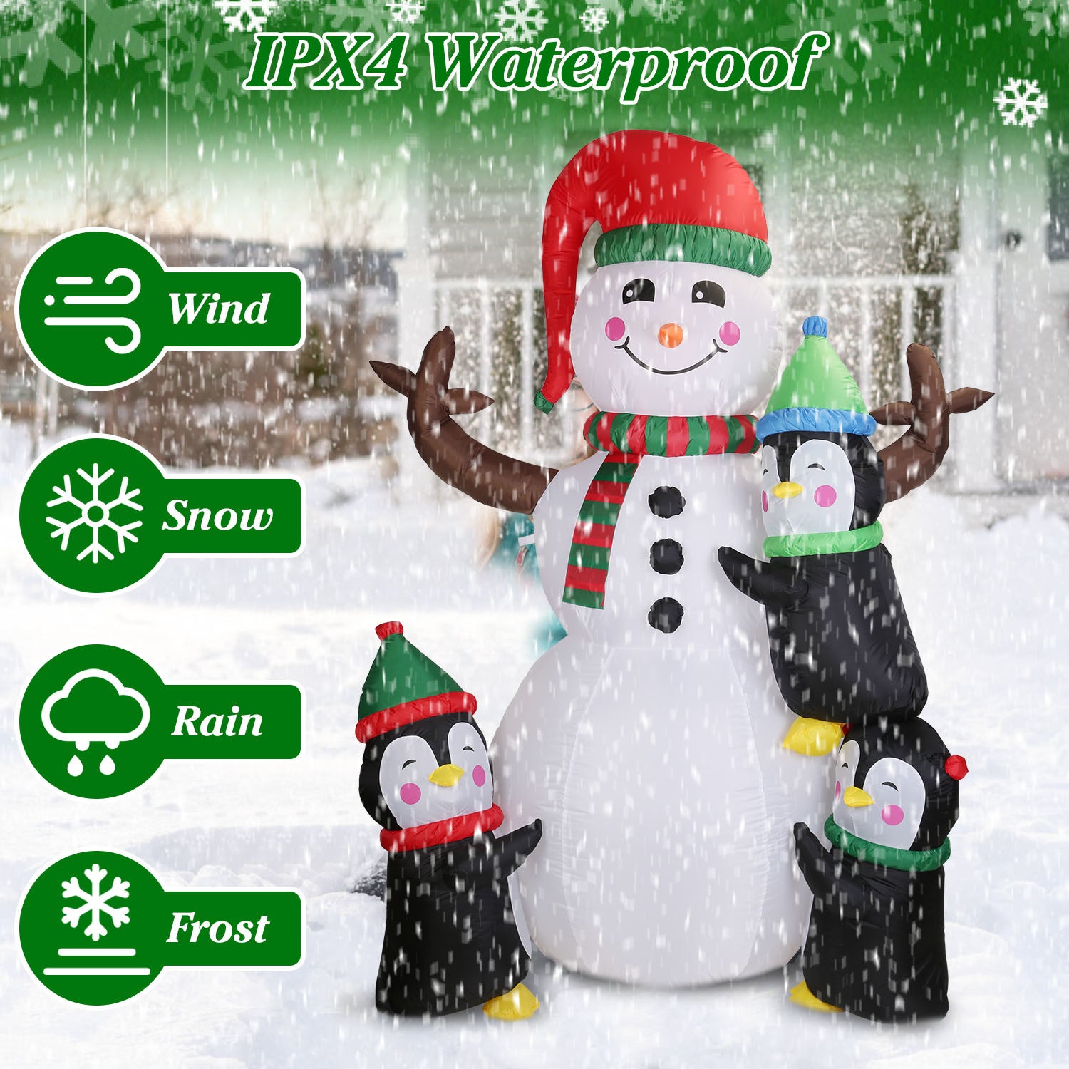 5.9FT Christmas Inflatable Outdoor Decoration Snowman Penguin Blow Up Yard Decoration with LED Light Built-in Air Blower for Winter Holiday Xmas Garden and snow-covered mountains in the background at dusk.