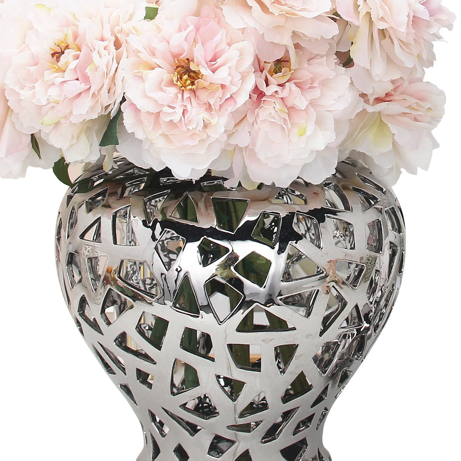 The Silver Ceramic Ginger Jar Vase with Decorative Design is a reflective silver ceramic vase that comes with a fitted decorative lid and features an intricate cut-out pattern. This exquisite piece of home decor adds elegance to any space.