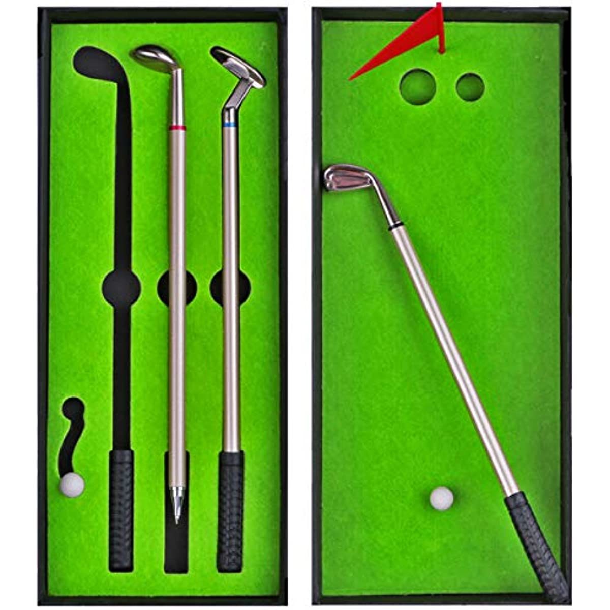 Miniature Golf Pen Gifts for Men Women Unique Christmas Stocking Stuffers; Dad Boss Coworkers Him Boyfriend Golfers Funny Birthday Gifts; Mini Desktop Games Fun Fidget Toys Cool Office Gadgets Desk Decor with various clubs and balls displayed in two green, lined boxes, one with multiple clubs and the other featuring a single club and two holes – a unique novelty gift for any golf enthusiast