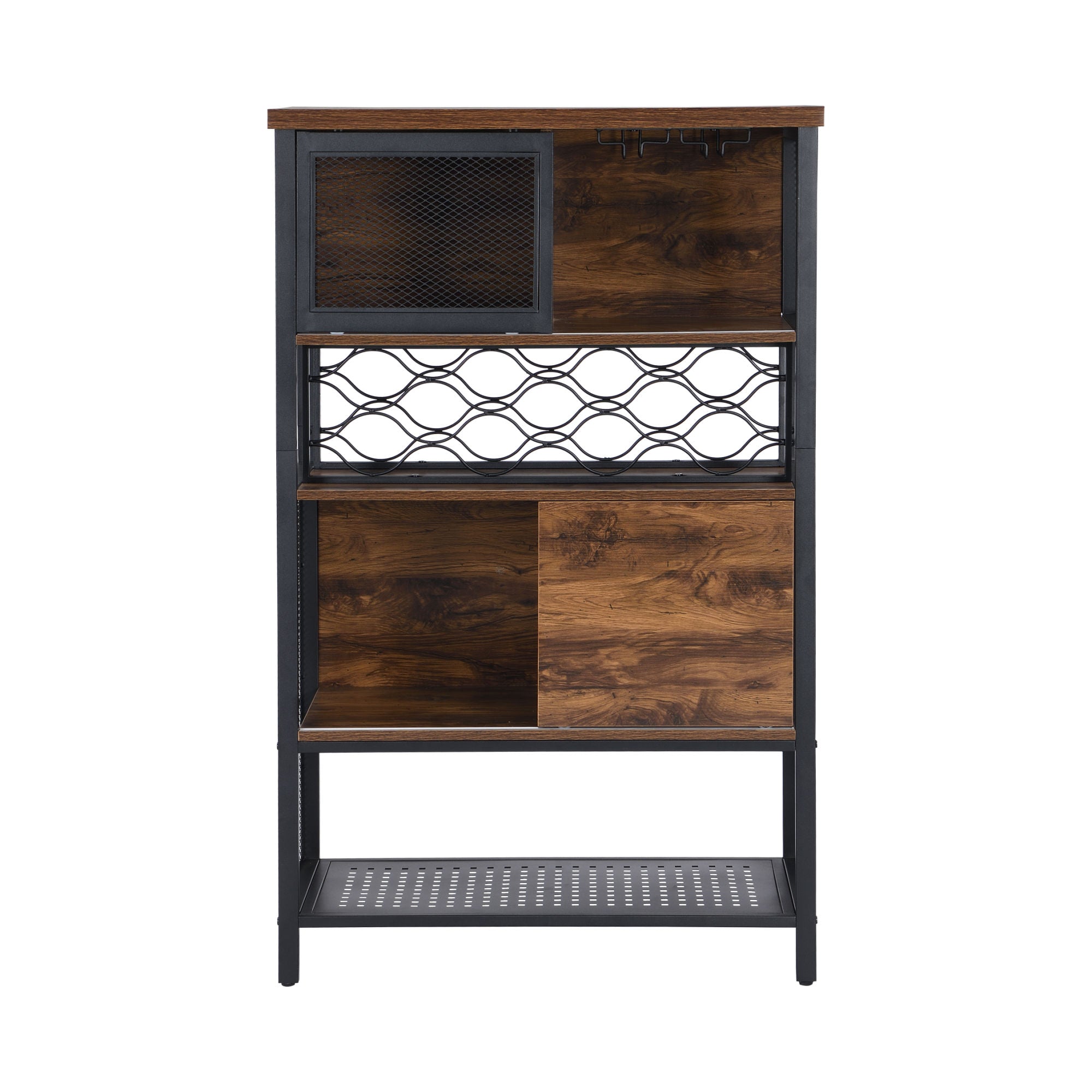 An Industrial Bar Cabinet with Wine Rack for Liquor and Glasses; Wood and Metal Cabinet for Home Kitchen Storage Cabinet with shelves.
