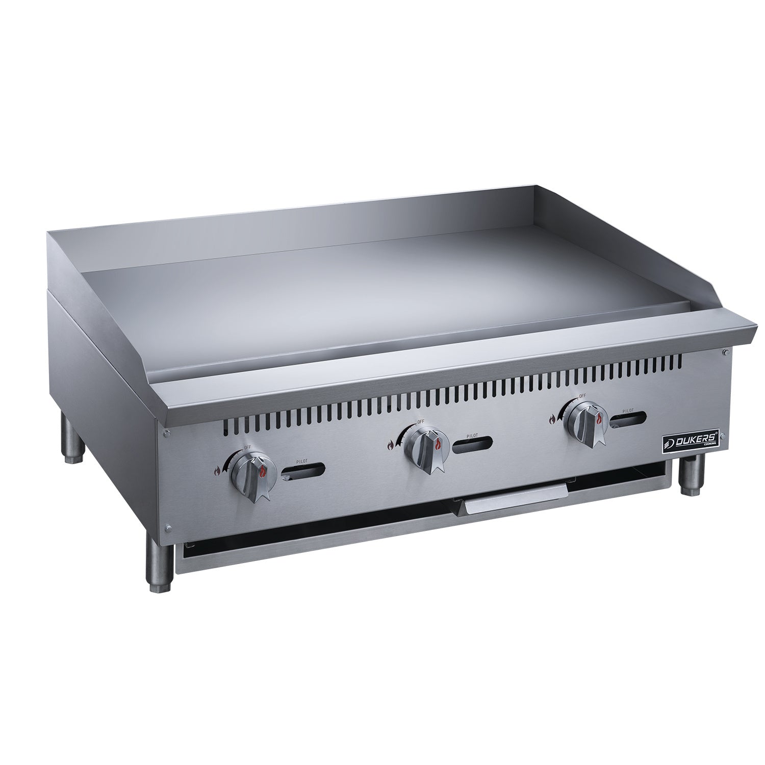 3-Burner Commercial Griddle in Stainless Steel with 4 legs with two control knobs and BTU burners on a white background.