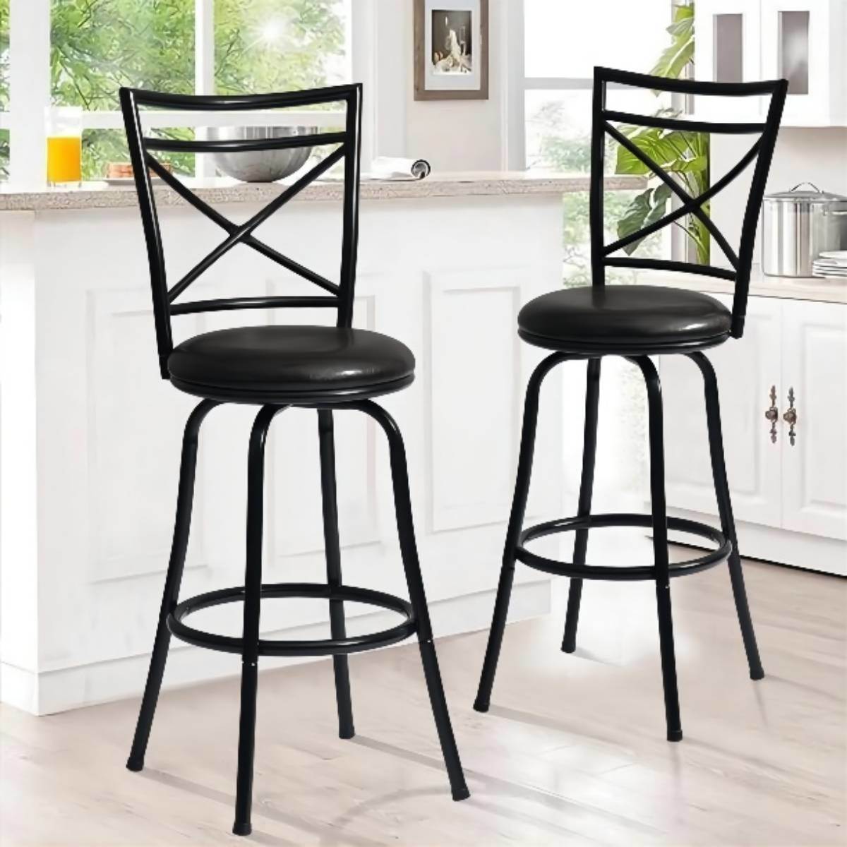 Two Vintage Industrial Counter Height Bar Stools Set of 2, Swivel Barstools with Metal Back for Kitchen Island, 26 Inch Height Round Seat in a kitchen.