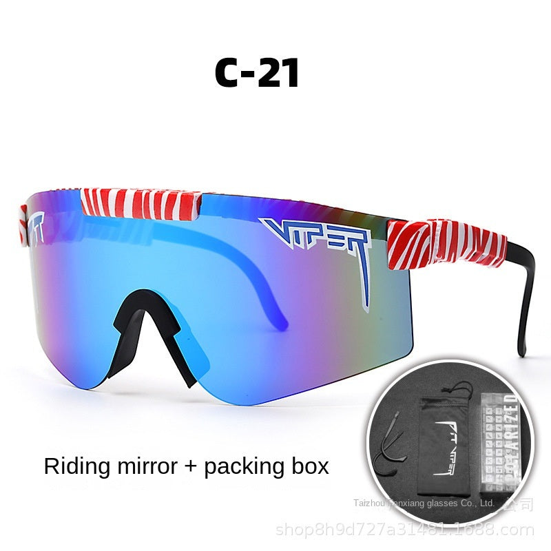 A pair of Pits Viper Riding Glasses Outdoor Sports Sunglasses for men, featuring "VIPER" branding on the lens and frame, with a red and white pattern on the arms. Designed for outdoor sports, they offer UV400 protection and come labeled "C-21," including a riding mirror and packing box.