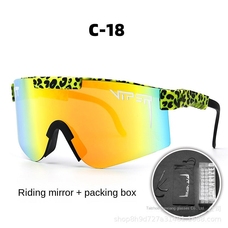 A pair of Pits Viper Riding Glasses Outdoor Sports Sunglasses for men, featuring "VIPER" branding on the lens and frame, with a red and white pattern on the arms. Designed for outdoor sports, they offer UV400 protection and come labeled "C-21," including a riding mirror and packing box.