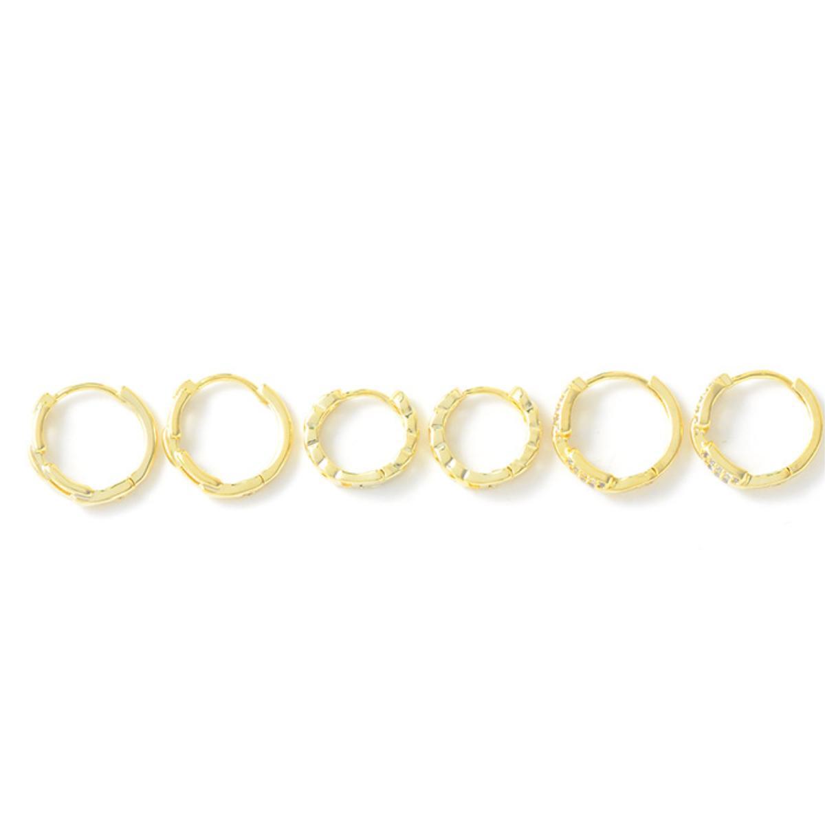 A row of 3 Pairs Platinum Plated Hoop Earrings Set for Women Minimalist Gold Design Hoop Earrings 3 Styles Suitable for Men as Gifts displayed against a white background.