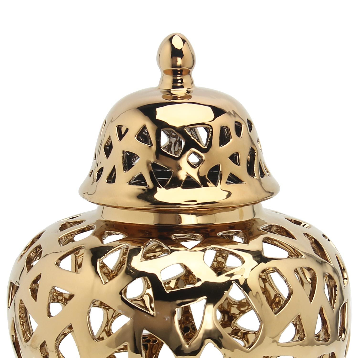 A golden, intricately pierced Gold Ceramic Ginger Jar Vase with Decorative Design with a removable lid, isolated on a white background, perfect for interior design.