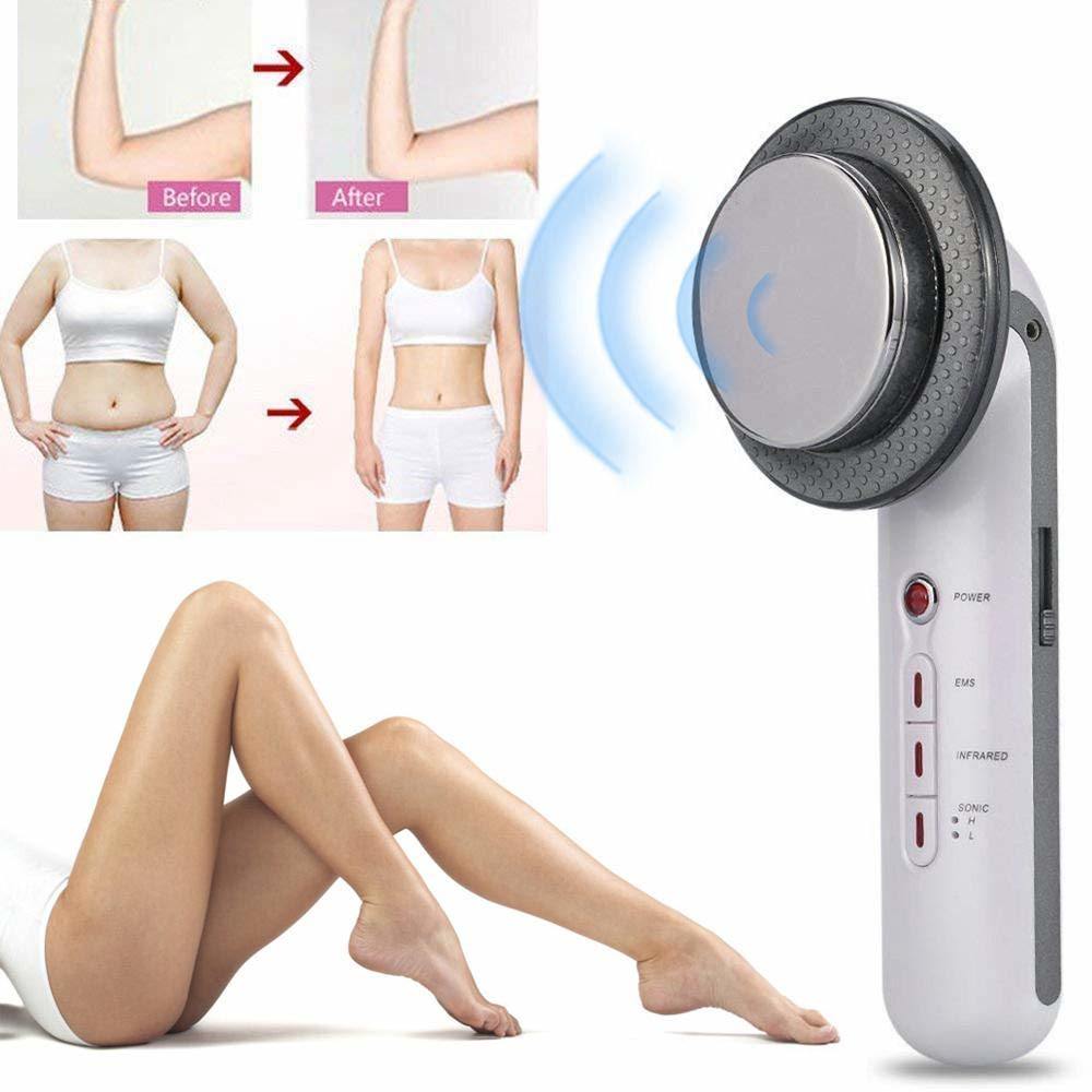 Collage of a 3 in 1 Body Slimming Ultrasound Cavitation Infrared Fat Burner Galvanic Infrared Ultrasonic Therapy machine and before-and-after photos of a woman's torso and legs, showcasing weight loss results.