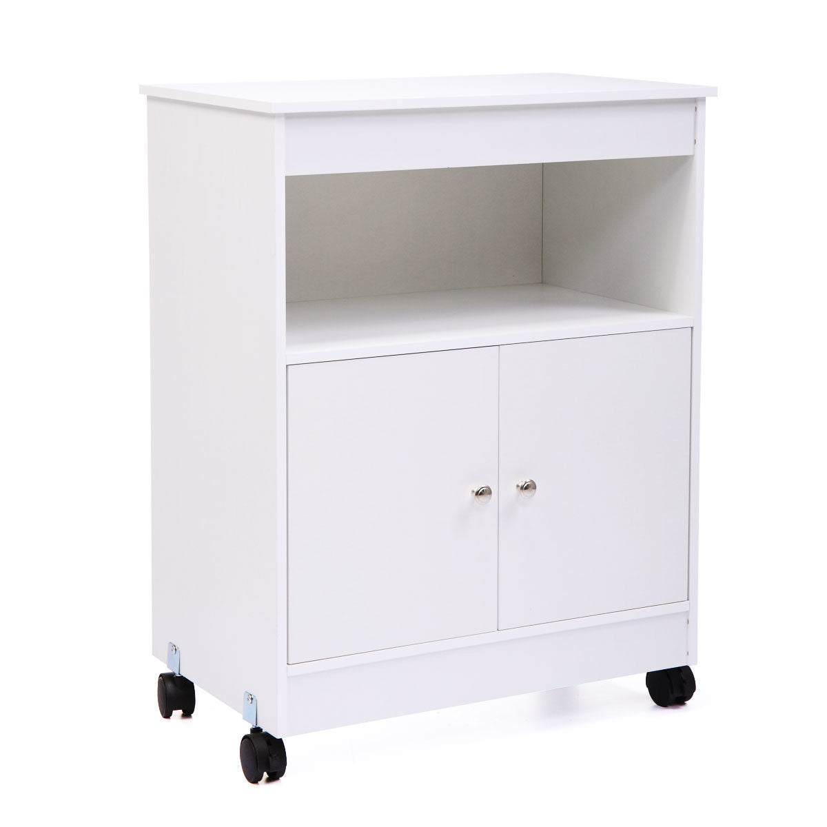 A Wood Kitchen Microwave Cabinet Cart with 4 Universal Wheels and Roomy Inner Space for Home Use, White, compact microwave with storage space, easy to assemble on a cart in a kitchen.