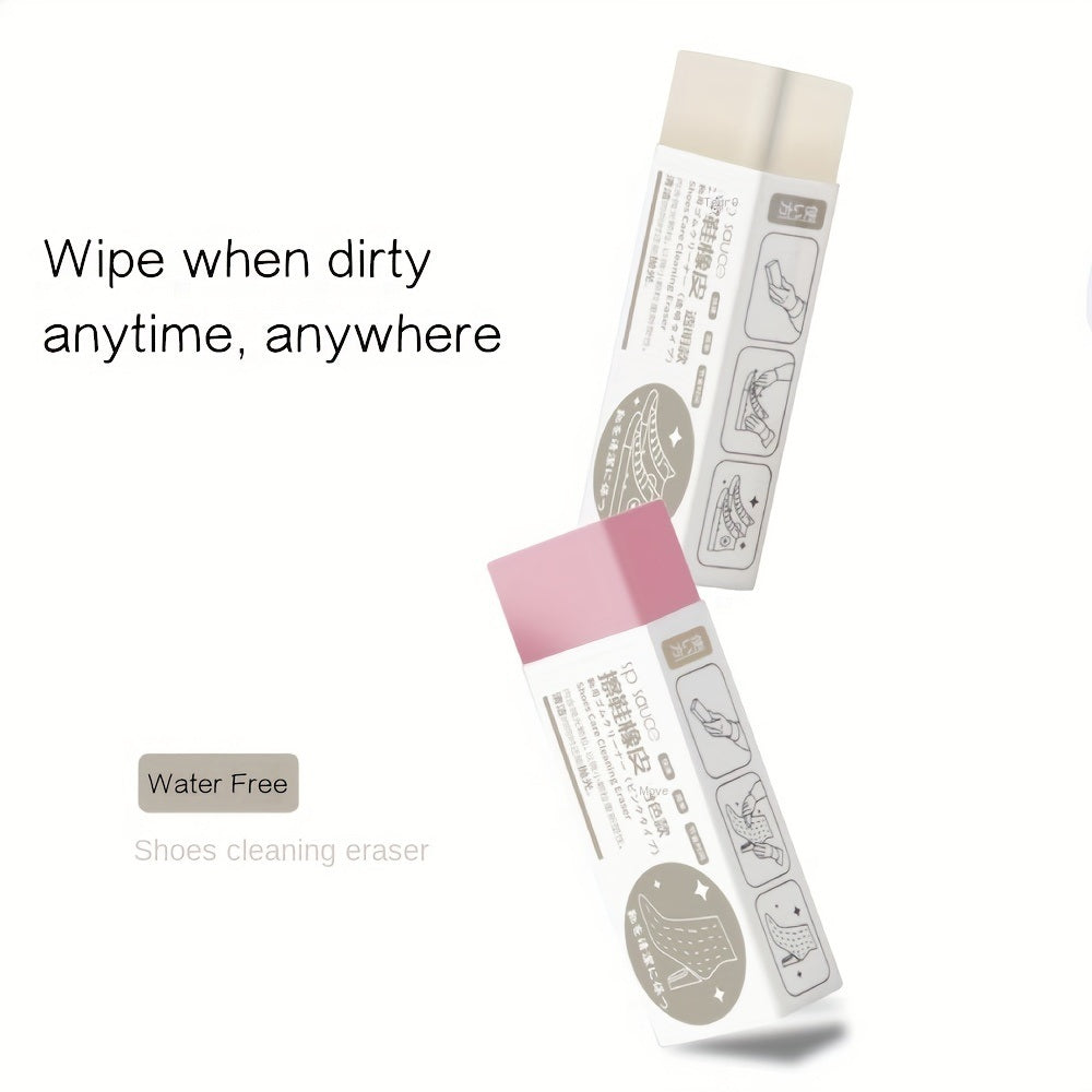 A rectangular eraser with a white cardboard sleeve labeled "1pc Household Cleaning Eraser, Suede, Sheepskin, Matte Leather And Leather Fabric Care, Leather Cleaner" featuring illustrations of a sock and splashes, with some details blurred out.