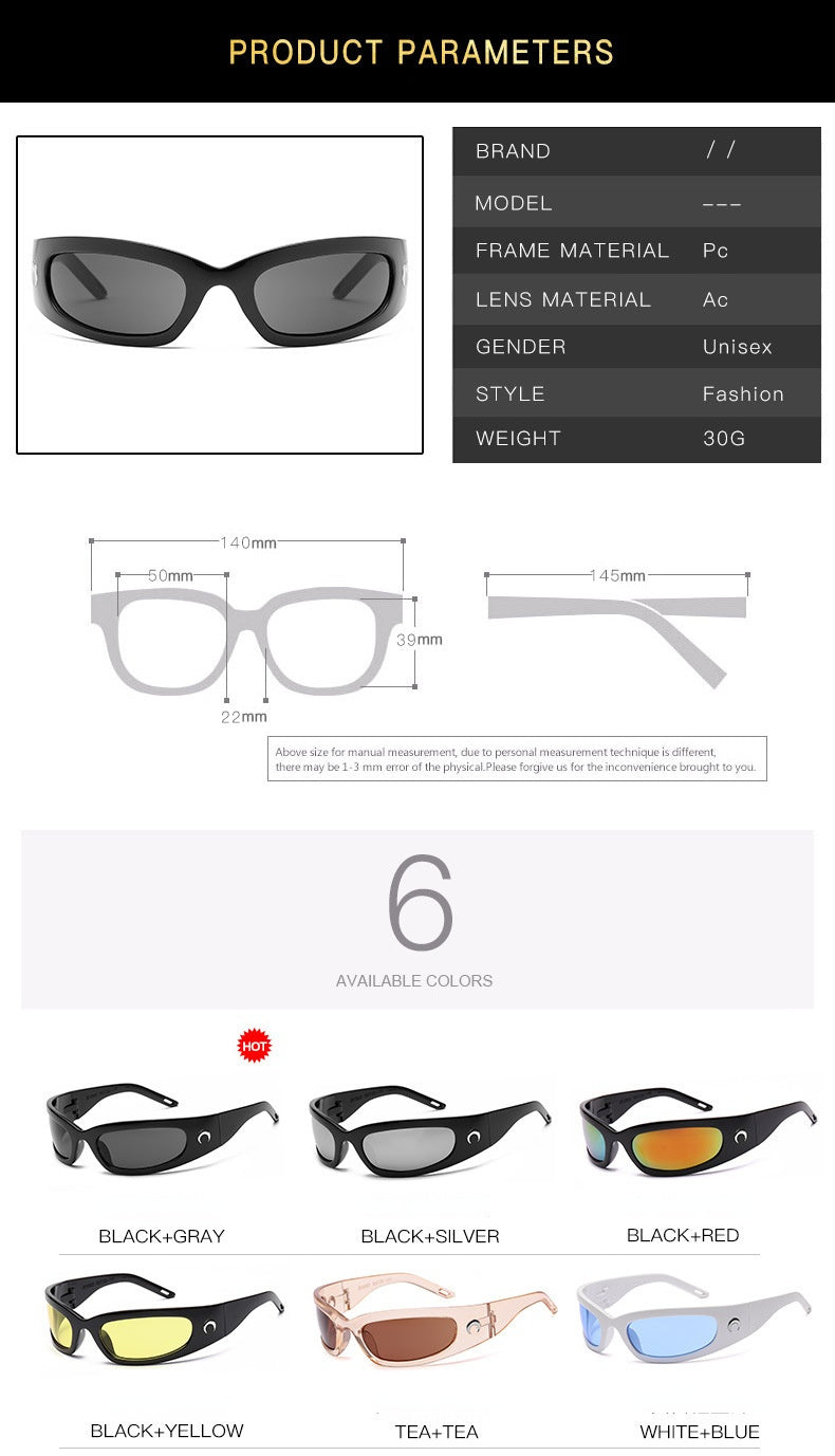 Fashion Cat Eye Sunglasses Women Moon Decoration Sunglass Vintage Sun Glass Men Luxury Brand Design Eyewear UV400 Ridding Shades with reflective multicolored lenses and a circular logo on the frame, against a white background.