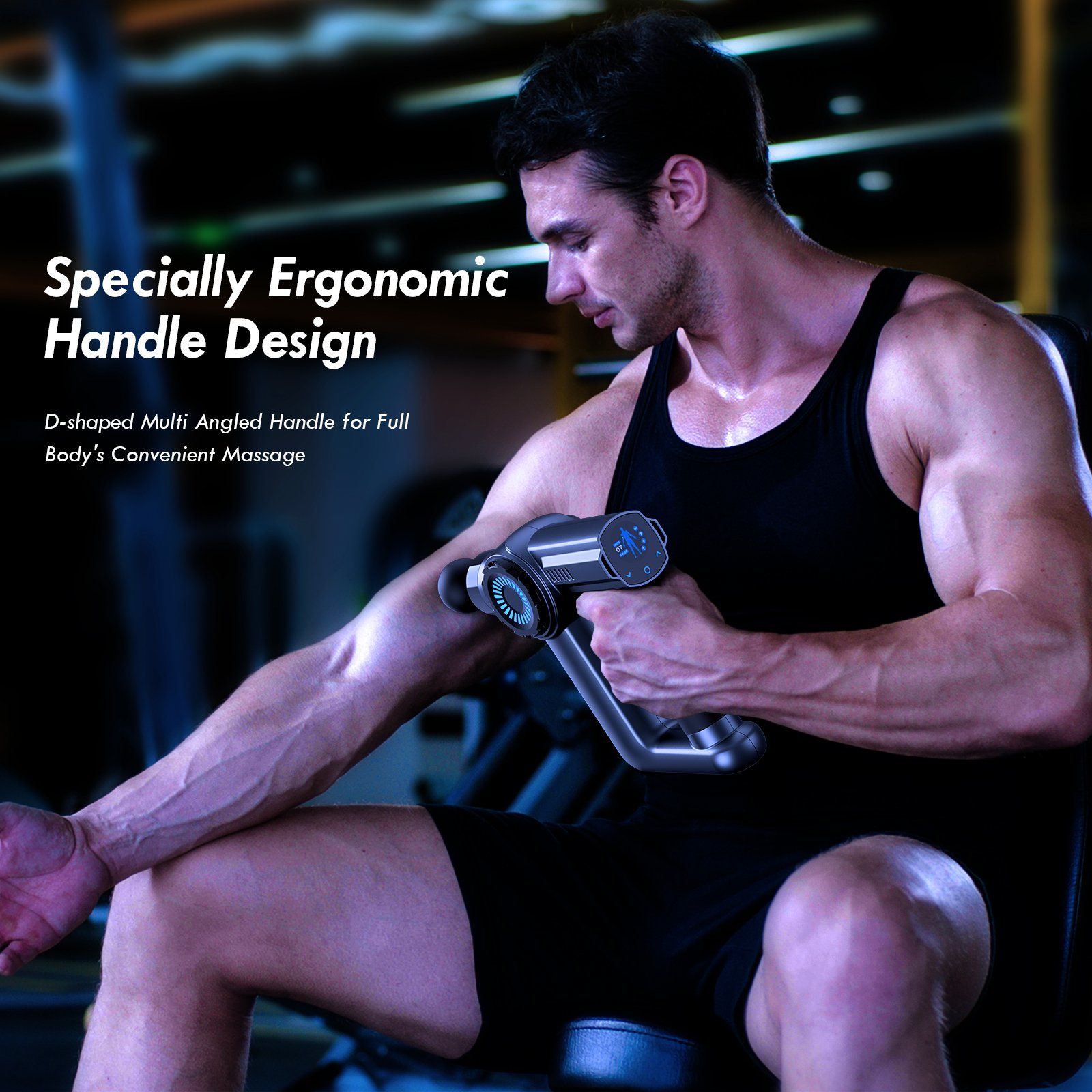 A man seated in a gym uses the Muscle Massager 16mm Deep Tissue Muscle Percussion Massager with Smart LCD Screen on his arm, highlighting the ergonomic handle design. Text describes the product features.